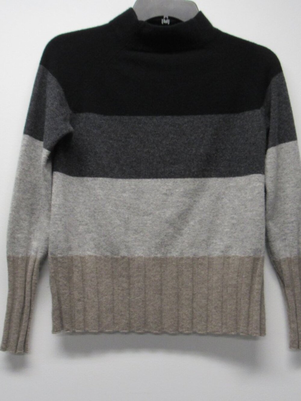 Kinross 100% Cashmere Bold Stripe Mock Neck Sweater Women's sz XS Black Gray Tan